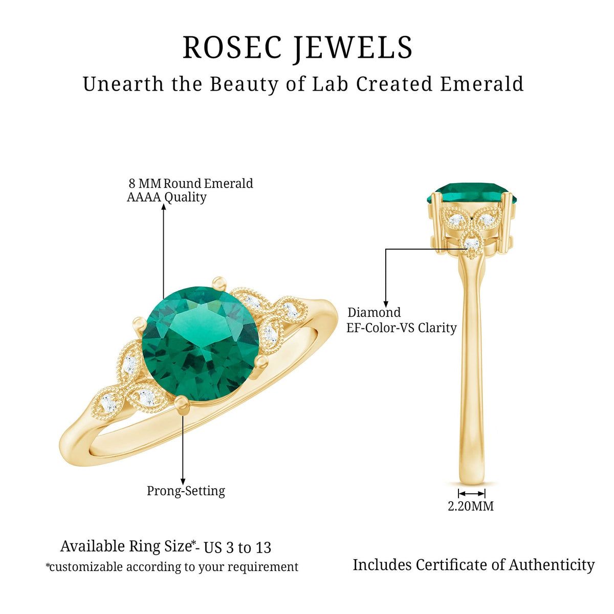 Emerald Solitaire Ring – Lab Created Emerald Diamond Trio Setting With Beaded Detailing