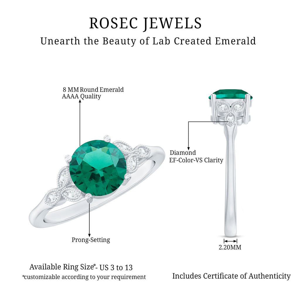 Emerald Solitaire Ring – Lab Created Emerald Diamond Trio Setting With Beaded Detailing