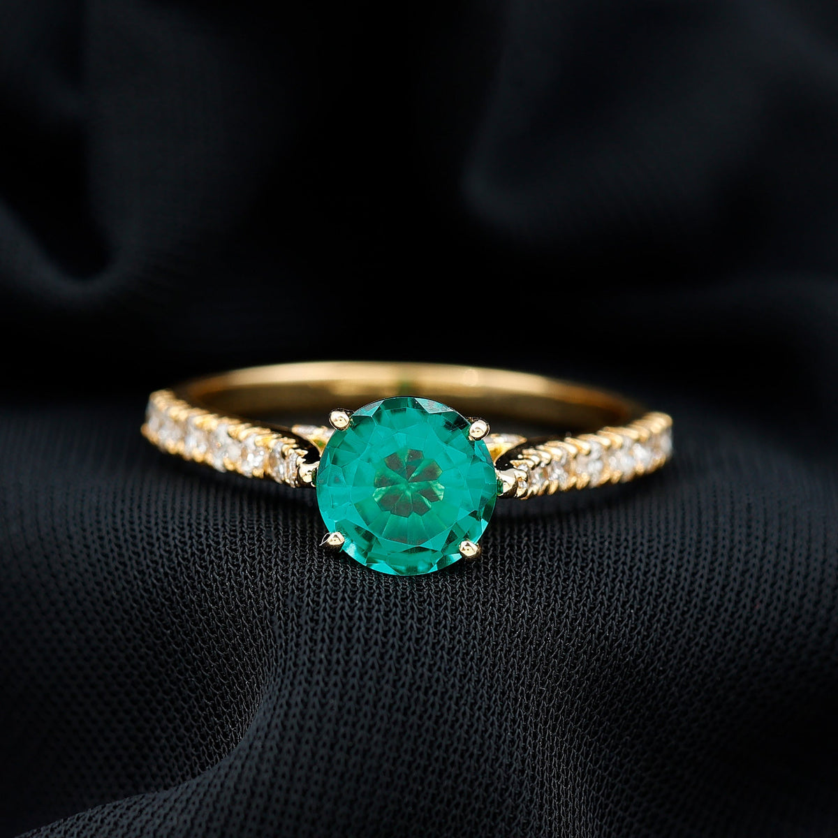 Emerald Solitaire Ring – Lab Created Emerald Engagement Ring with Diamond Side Stones