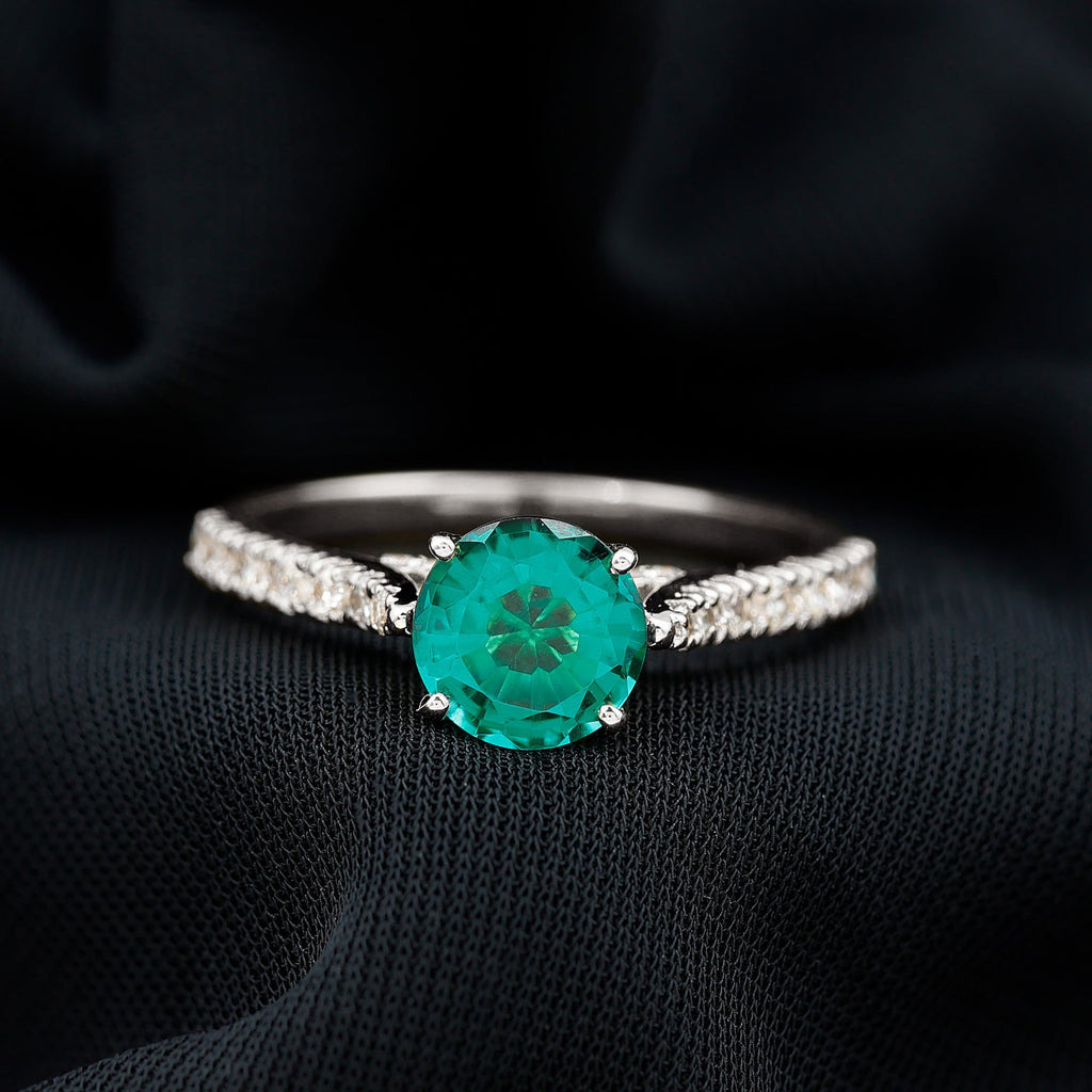 Emerald Solitaire Ring – Lab Created Emerald Engagement Ring with Diamond Side Stones