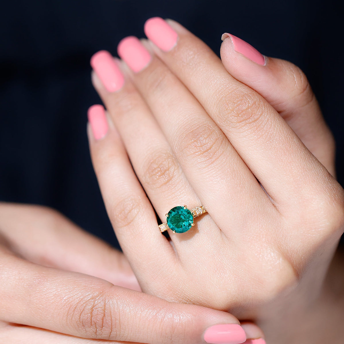 Emerald Solitaire Ring – Lab Created Emerald Engagement Ring with Diamond Side Stones