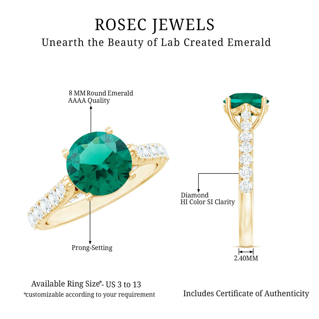 Emerald Solitaire Ring – Lab Created Emerald Engagement Ring with Diamond Side Stones