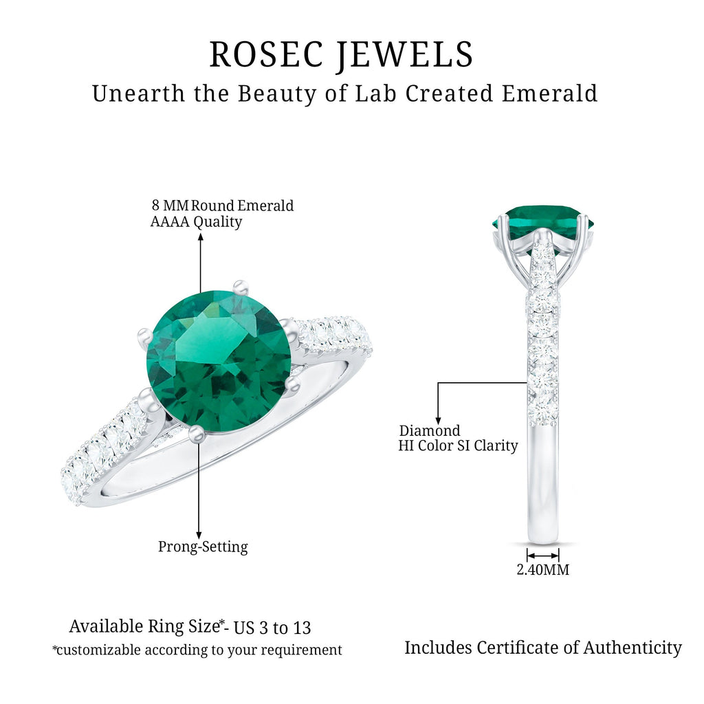 Emerald Solitaire Ring – Lab Created Emerald Engagement Ring with Diamond Side Stones