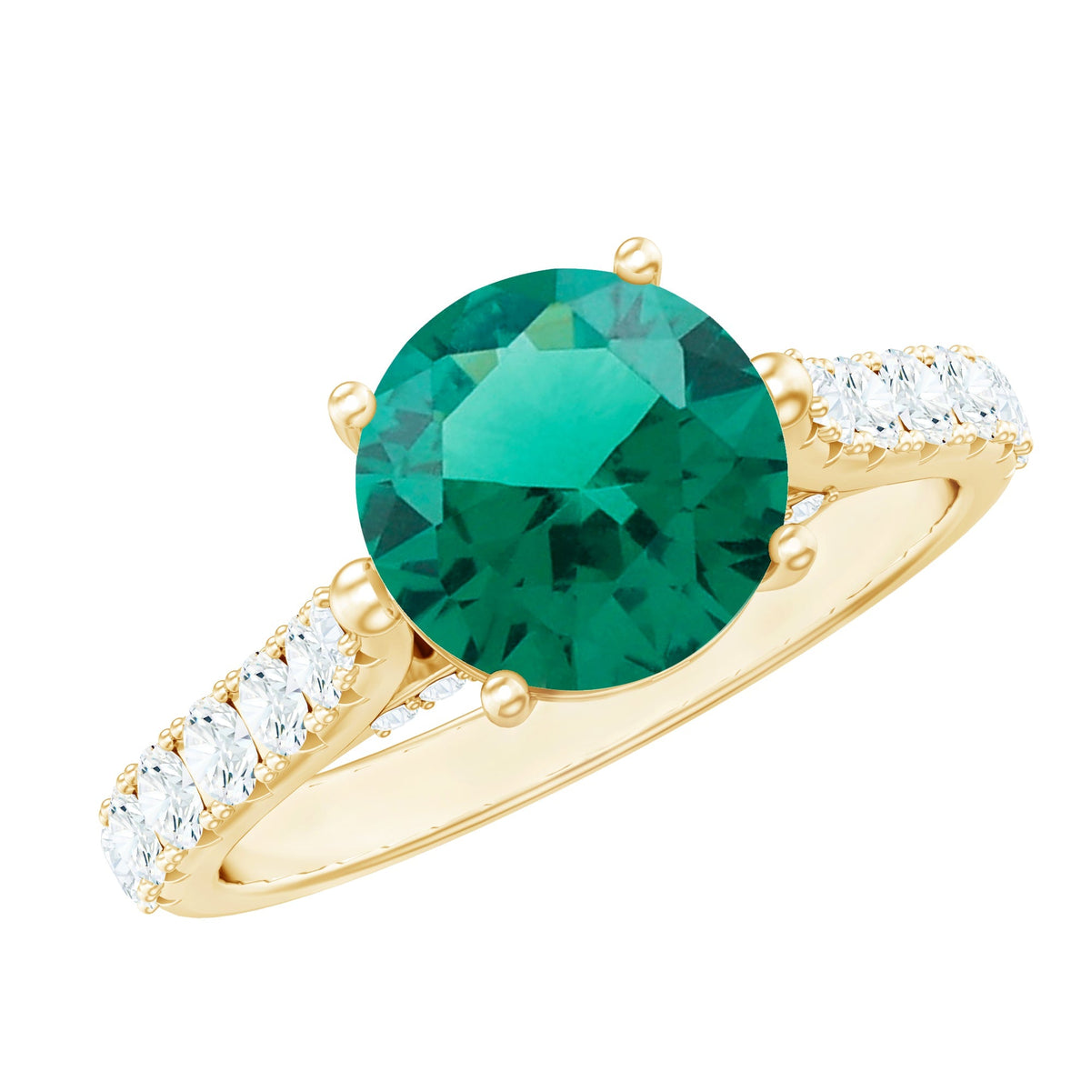 Emerald Solitaire Ring – Lab Created Emerald Engagement Ring with Diamond Side Stones