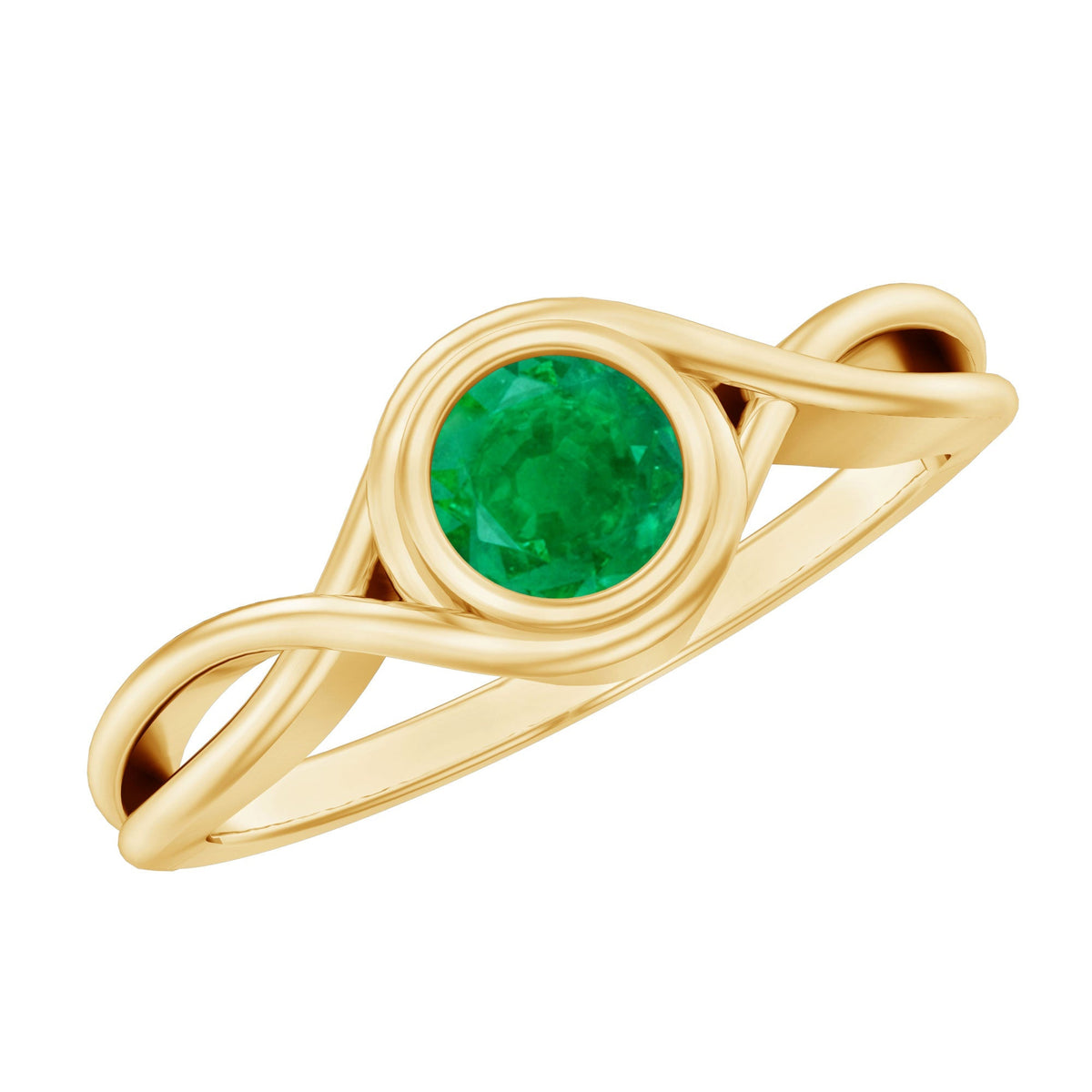 Emerald Solitaire Ring – Round Cut Emerald with Modern Crossover Band Design