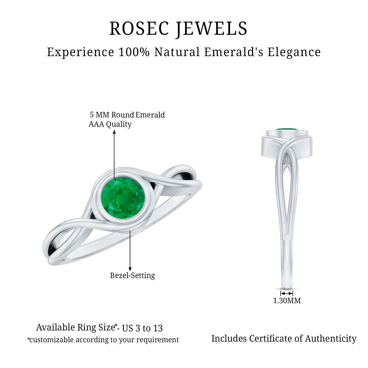 Emerald Solitaire Ring – Round Cut Emerald with Modern Crossover Band Design