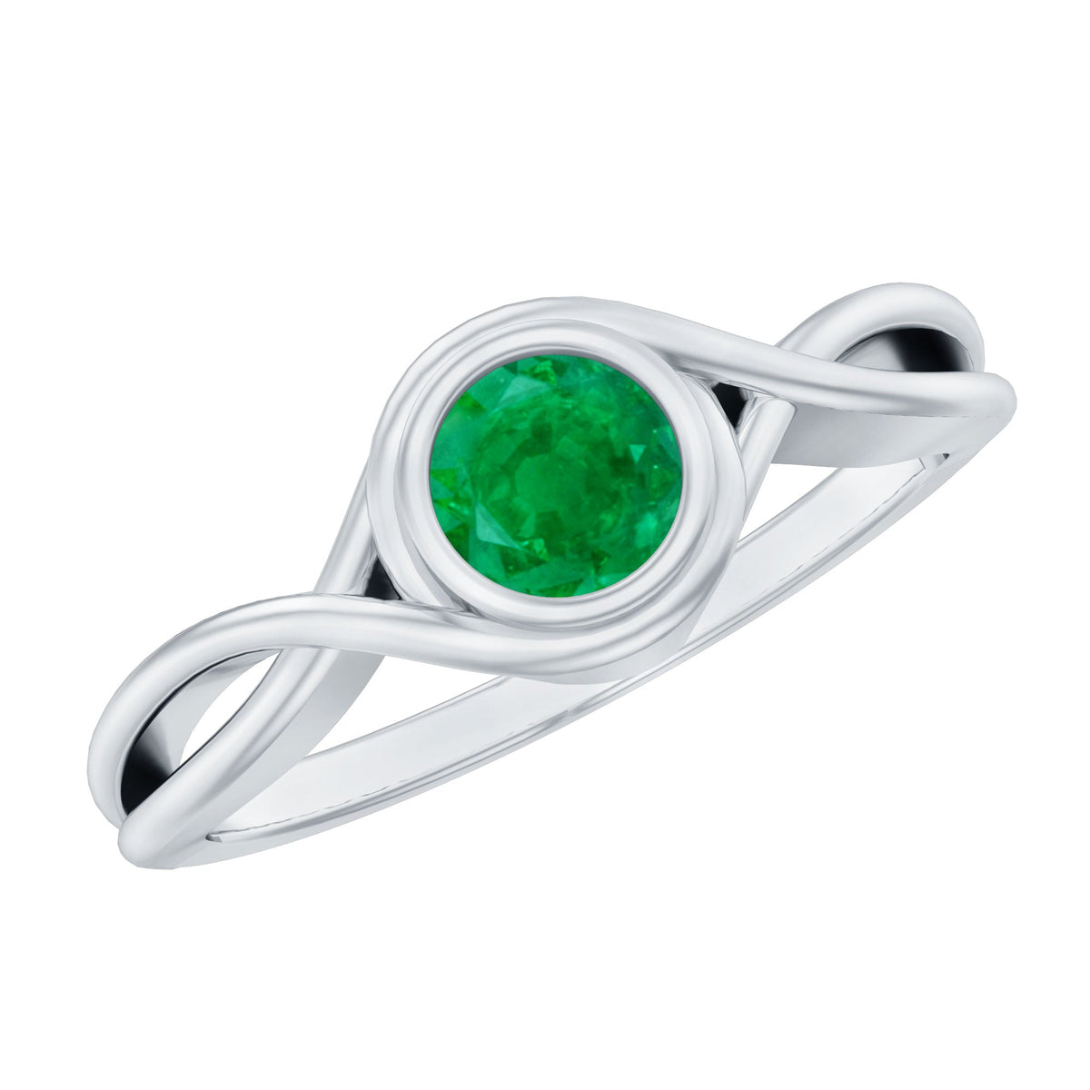Emerald Solitaire Ring – Round Cut Emerald with Modern Crossover Band Design