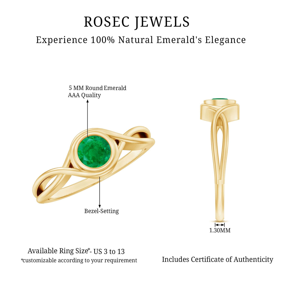 Emerald Solitaire Ring – Round Cut Emerald with Modern Crossover Band Design