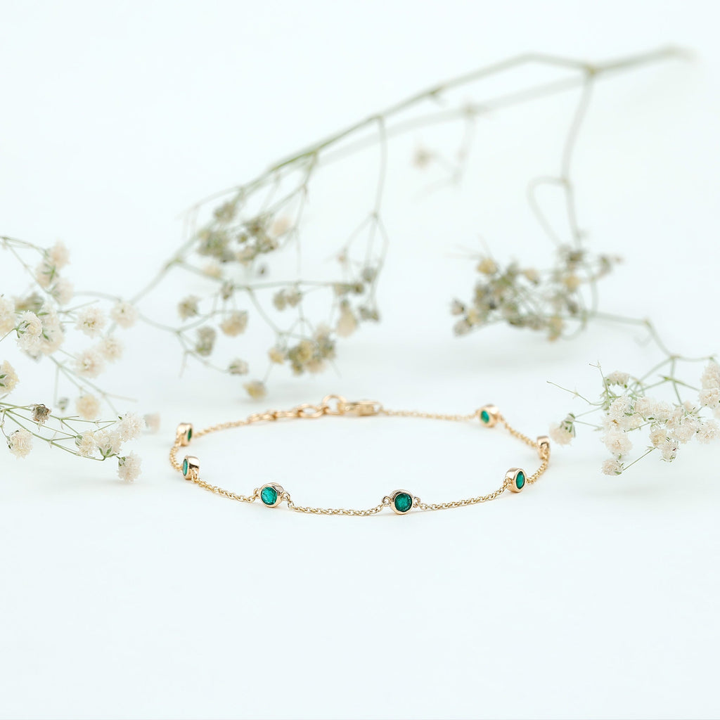Emerald Station Bracelet – Bezel Set Green Gemstone Chain Jewelry with Lobster Clasp