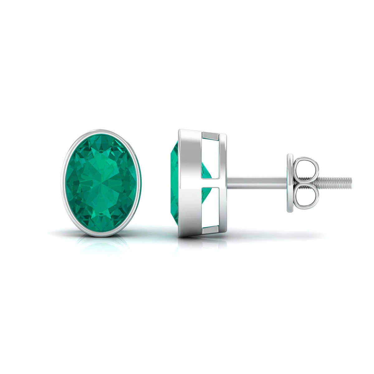 Emerald Stud Earrings - 1.4 Carat Oval Cut Bezel Set Solitaire Studs by Rosec Jewels