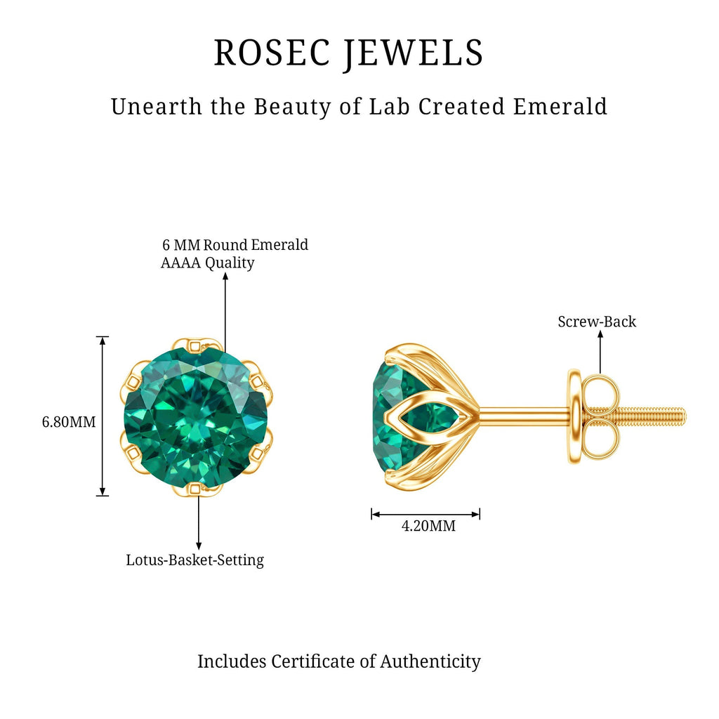 Emerald Stud Earrings – 1.6 Carat Lab Created Solitaire Emeralds in Lotus Basket Setting