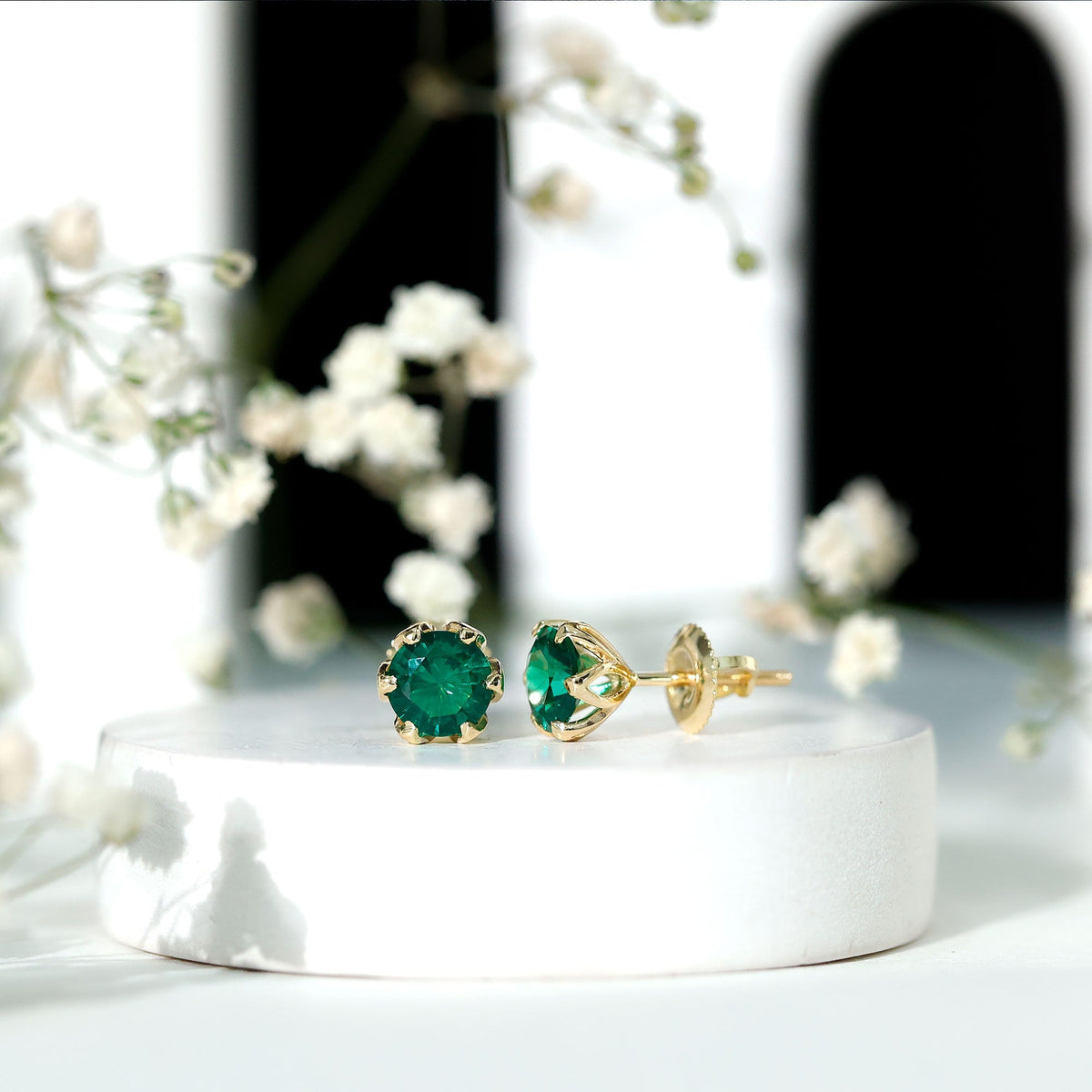 Emerald Stud Earrings – 1.6 Carat Lab Created Solitaire Emeralds in Lotus Basket Setting