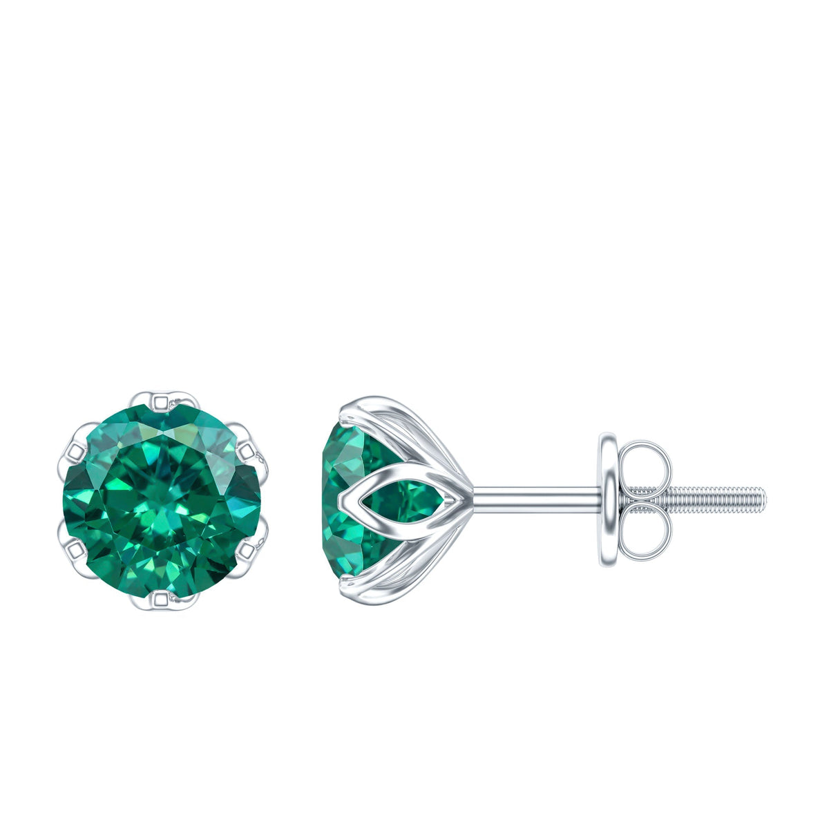 Emerald Stud Earrings – 1.6 Carat Lab Created Solitaire Emeralds in Lotus Basket Setting
