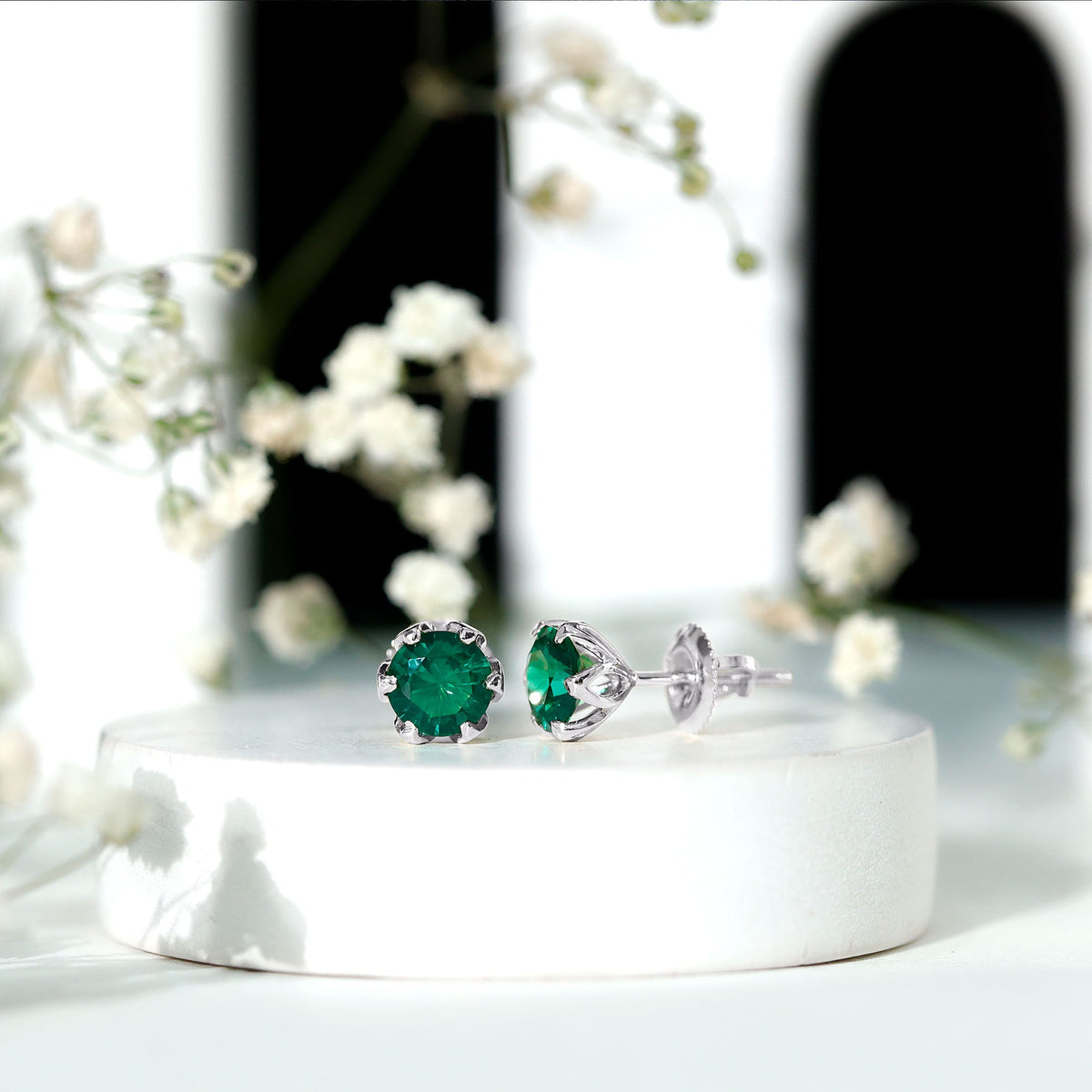 Emerald Stud Earrings – 1.6 Carat Lab Created Solitaire Emeralds in Lotus Basket Setting