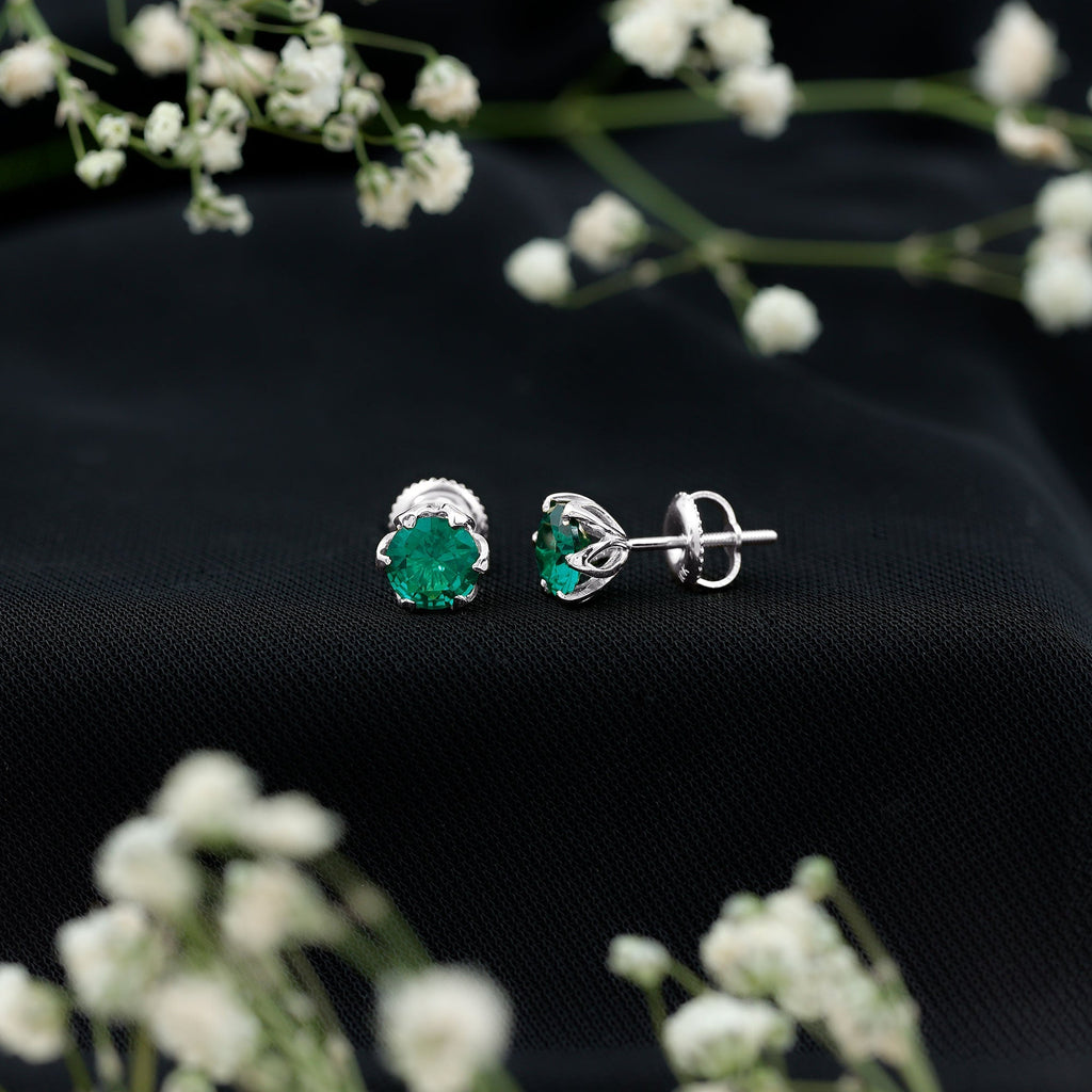Emerald Stud Earrings – 1.6 Carat Lab Created Solitaire Emeralds in Lotus Basket Setting