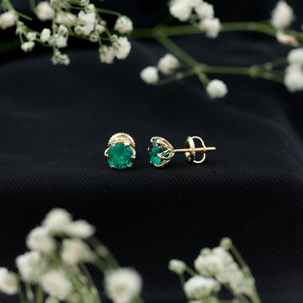 Emerald Stud Earrings – 1.6 Carat Lab Created Solitaire Emeralds in Lotus Basket Setting