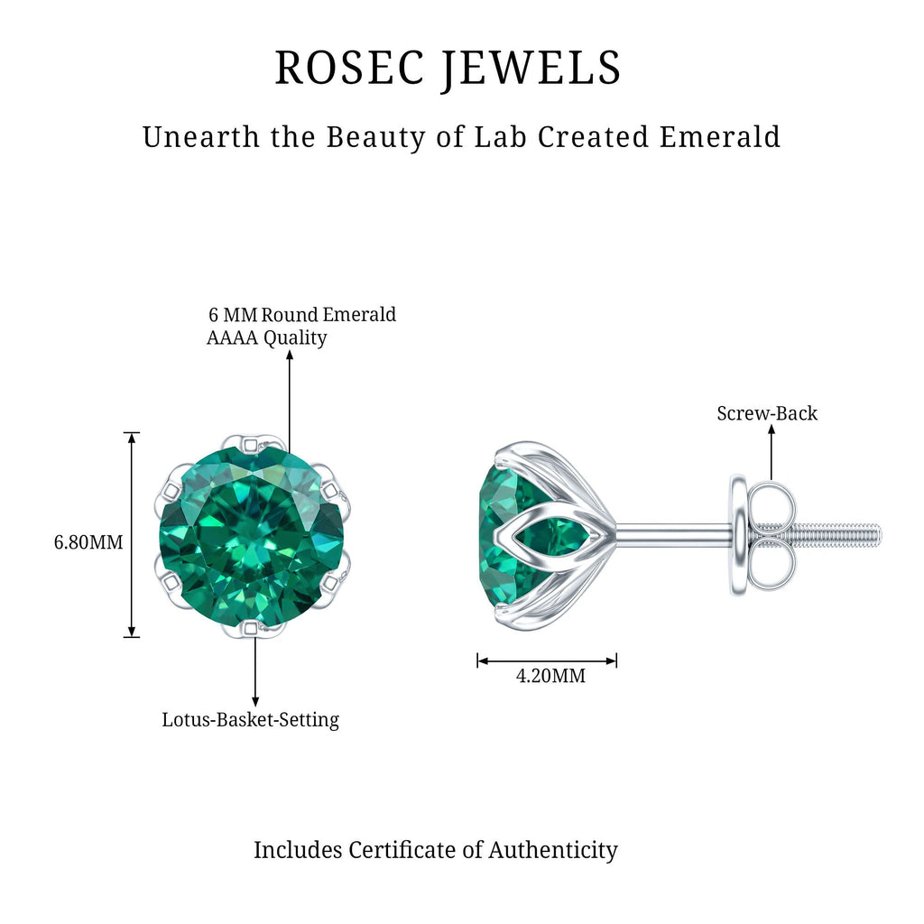 Emerald Stud Earrings – 1.6 Carat Lab Created Solitaire Emeralds in Lotus Basket Setting