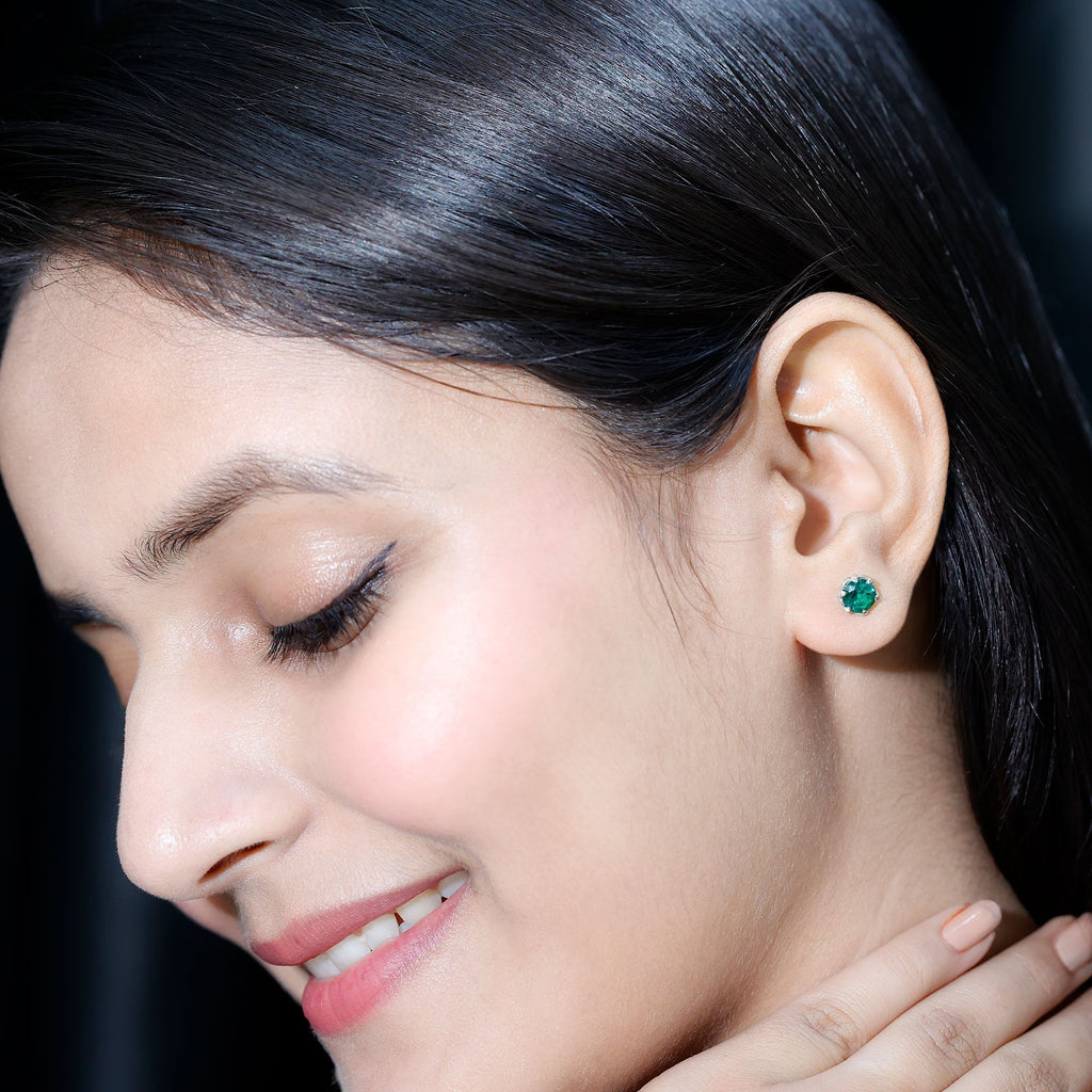 Emerald Stud Earrings – 1.6 Carat Lab Created Solitaire Emeralds in Lotus Basket Setting