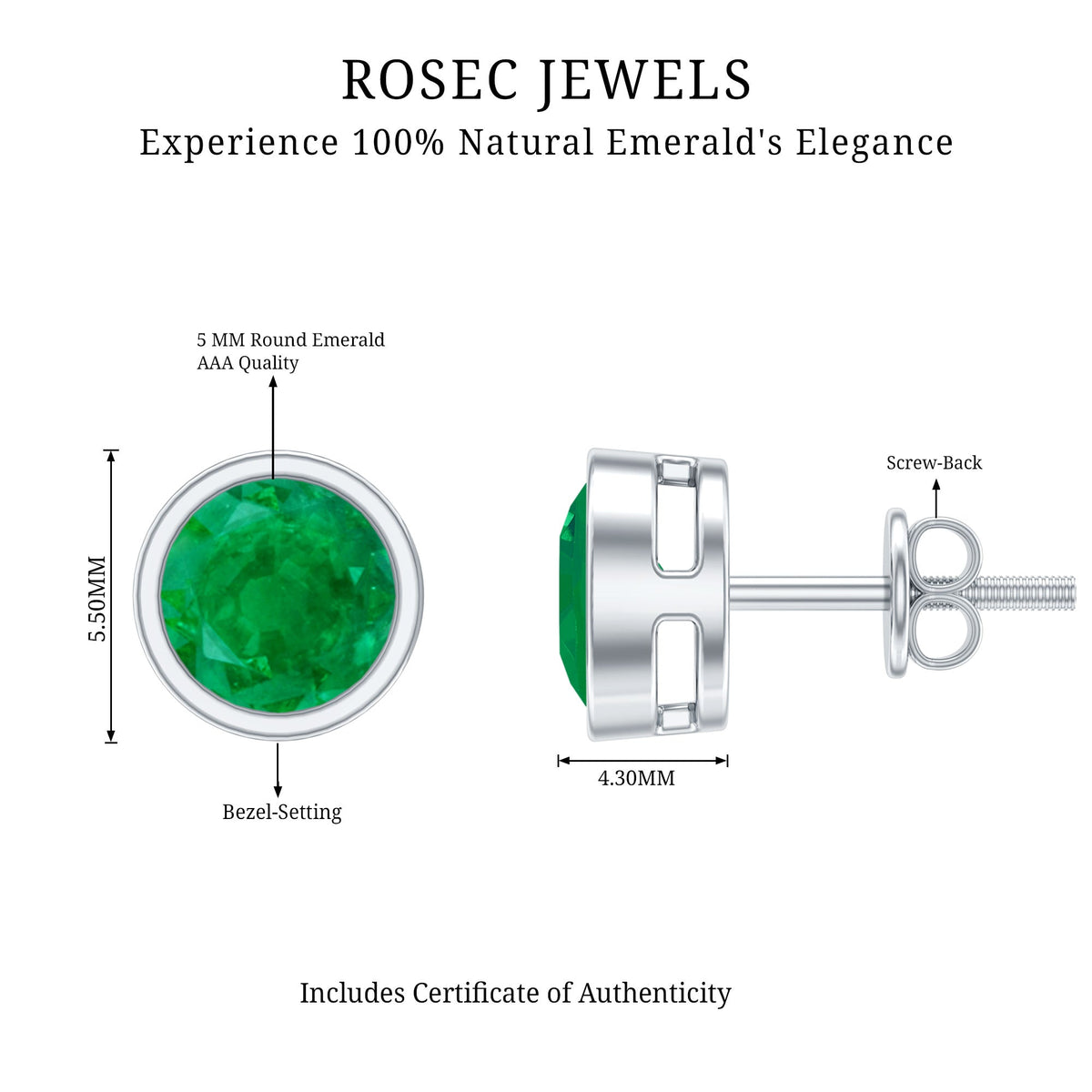 Emerald Stud Earrings – Bezel Setting Round Solitaire Studs With AAA Quality Gems