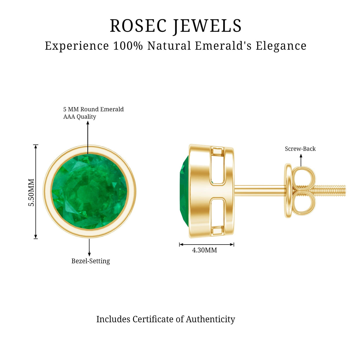 Emerald Stud Earrings – Bezel Setting Round Solitaire Studs With AAA Quality Gems