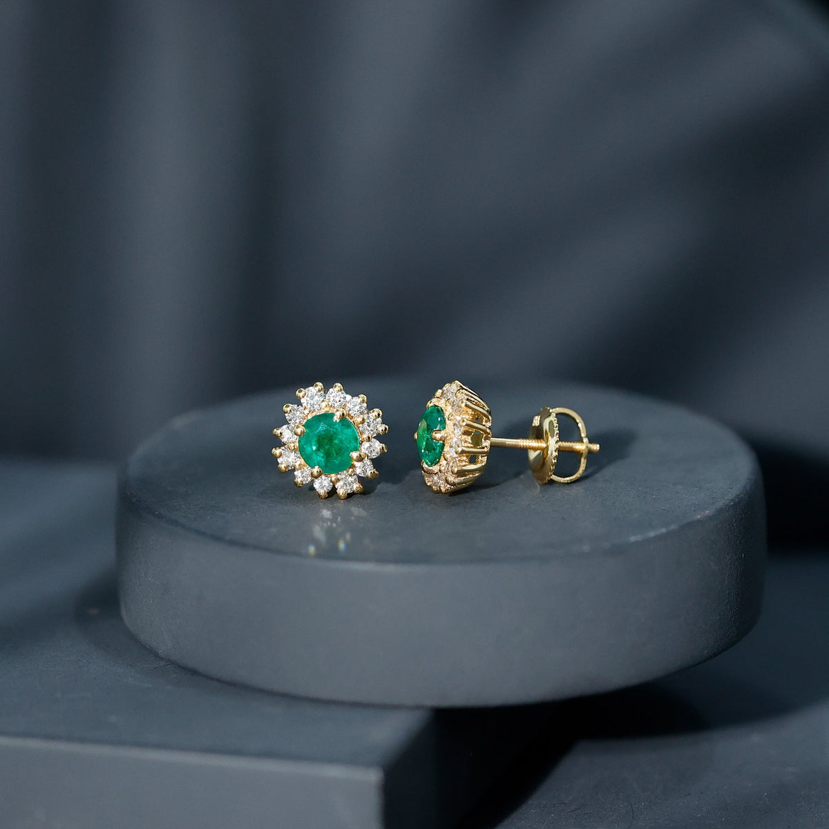 Emerald Stud Earrings – Classic 5MM Round Emerald Studs with Diamond Halo Design