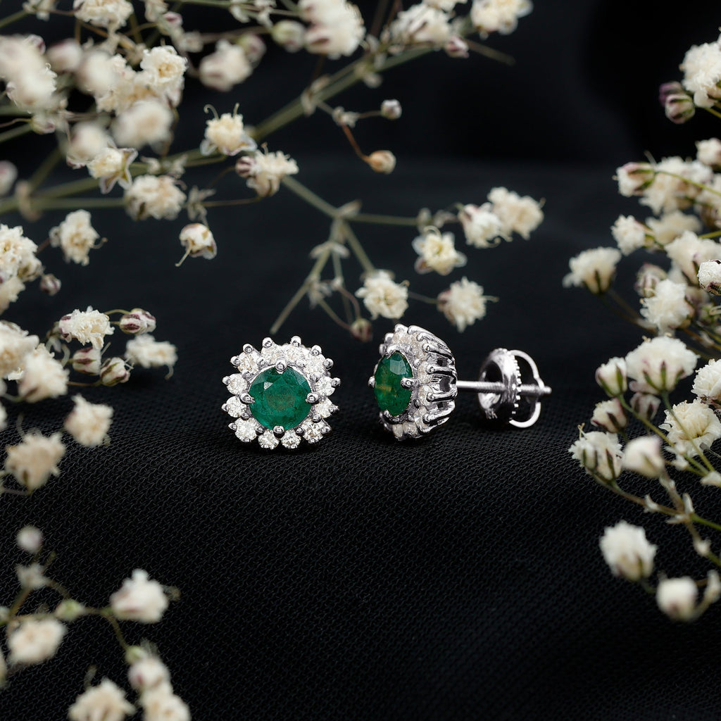 Emerald Stud Earrings – Classic 5MM Round Emerald Studs with Diamond Halo Design