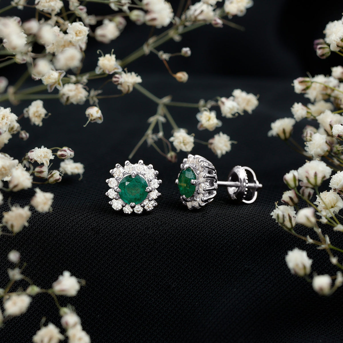 Emerald Stud Earrings – Classic 5MM Round Emerald Studs with Diamond Halo Design