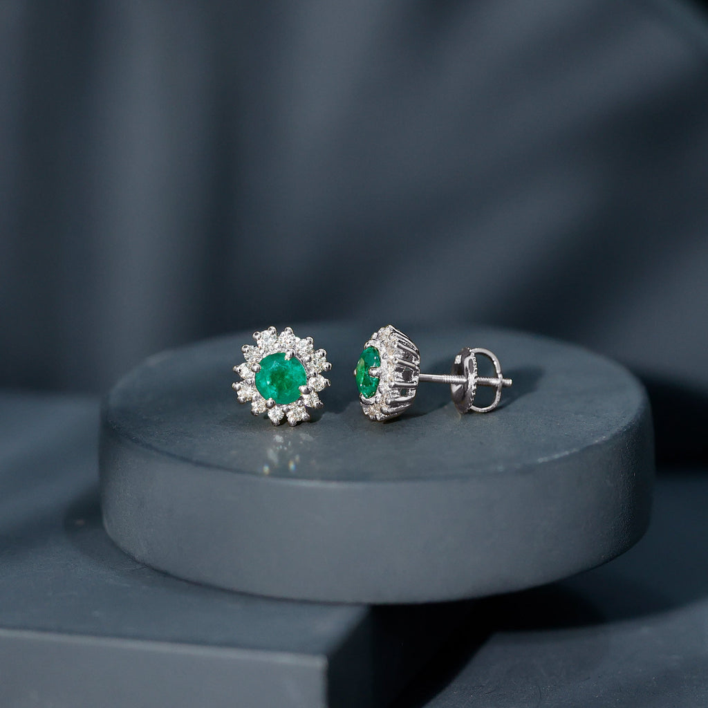 Emerald Stud Earrings – Classic 5MM Round Emerald Studs with Diamond Halo Design