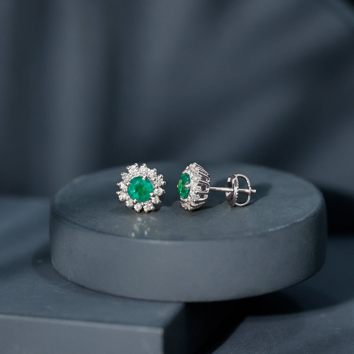 Emerald Stud Earrings – Classic 5MM Round Emerald Studs with Diamond Halo Design