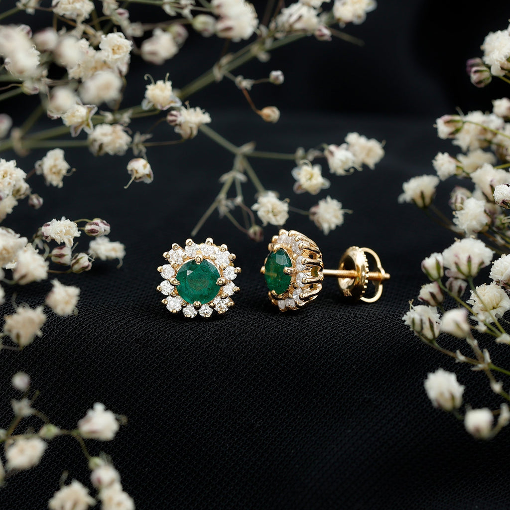 Emerald Stud Earrings – Classic 5MM Round Emerald Studs with Diamond Halo Design