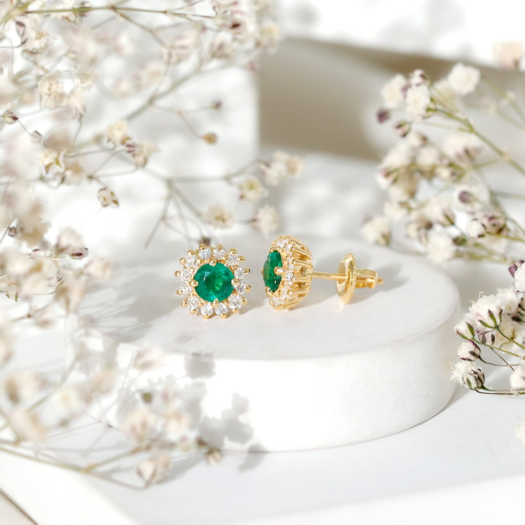 Emerald Stud Earrings – Classic 5MM Round Emerald Studs with Diamond Halo Design