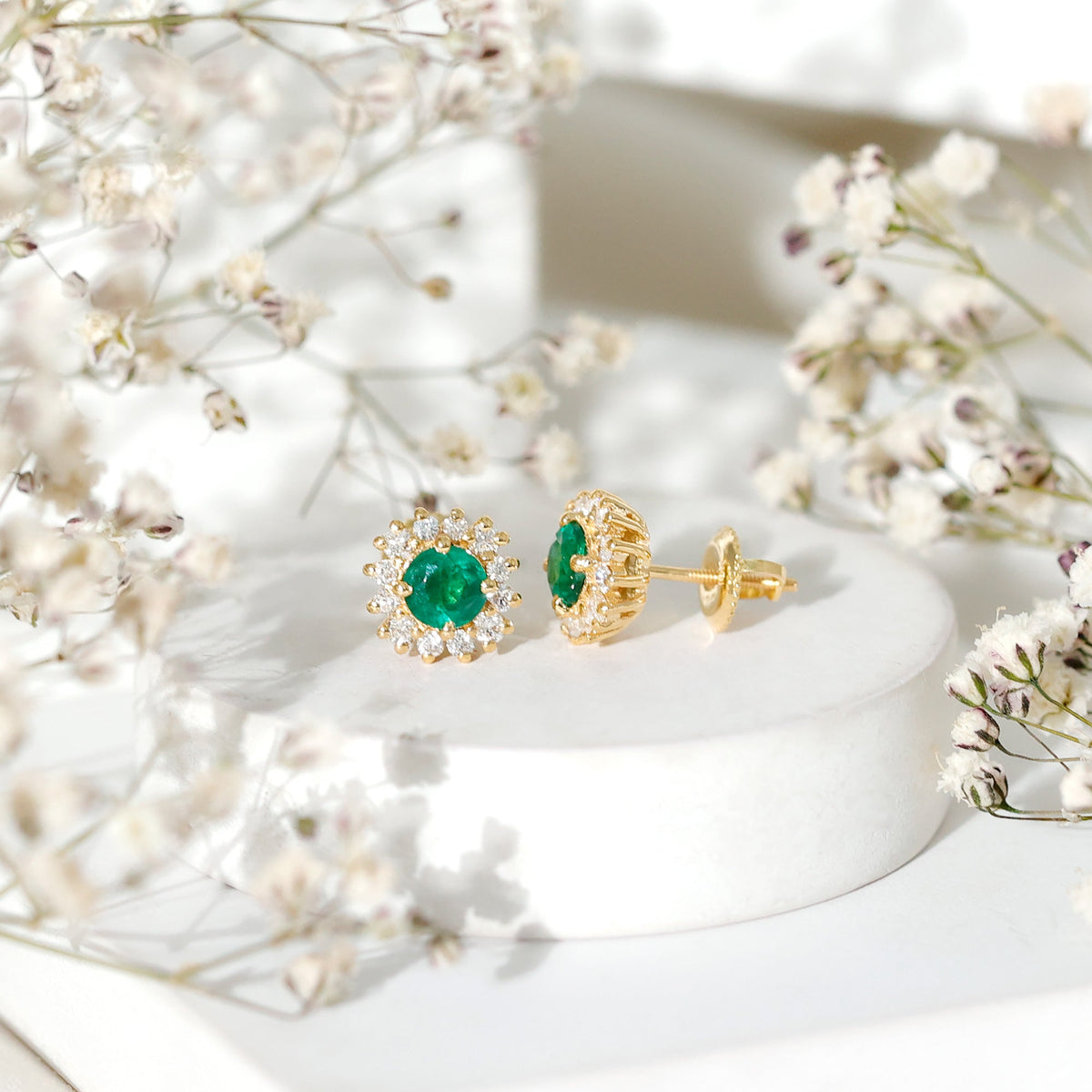 Emerald Stud Earrings – Classic 5MM Round Emerald Studs with Diamond Halo Design