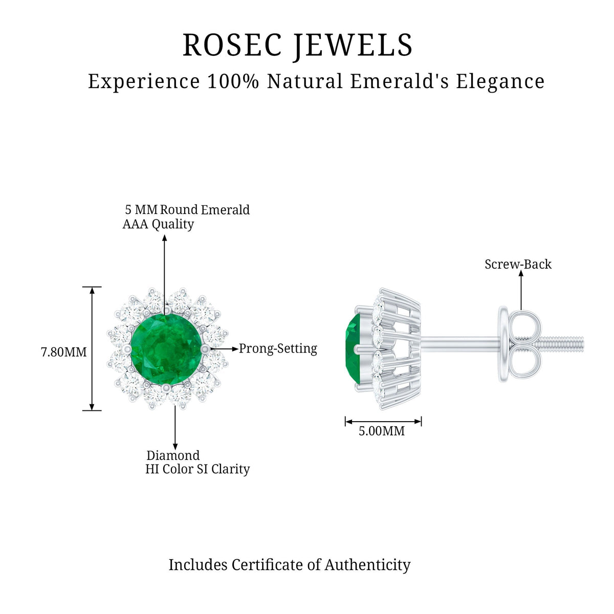 Emerald Stud Earrings – Classic 5MM Round Emerald Studs with Diamond Halo Design