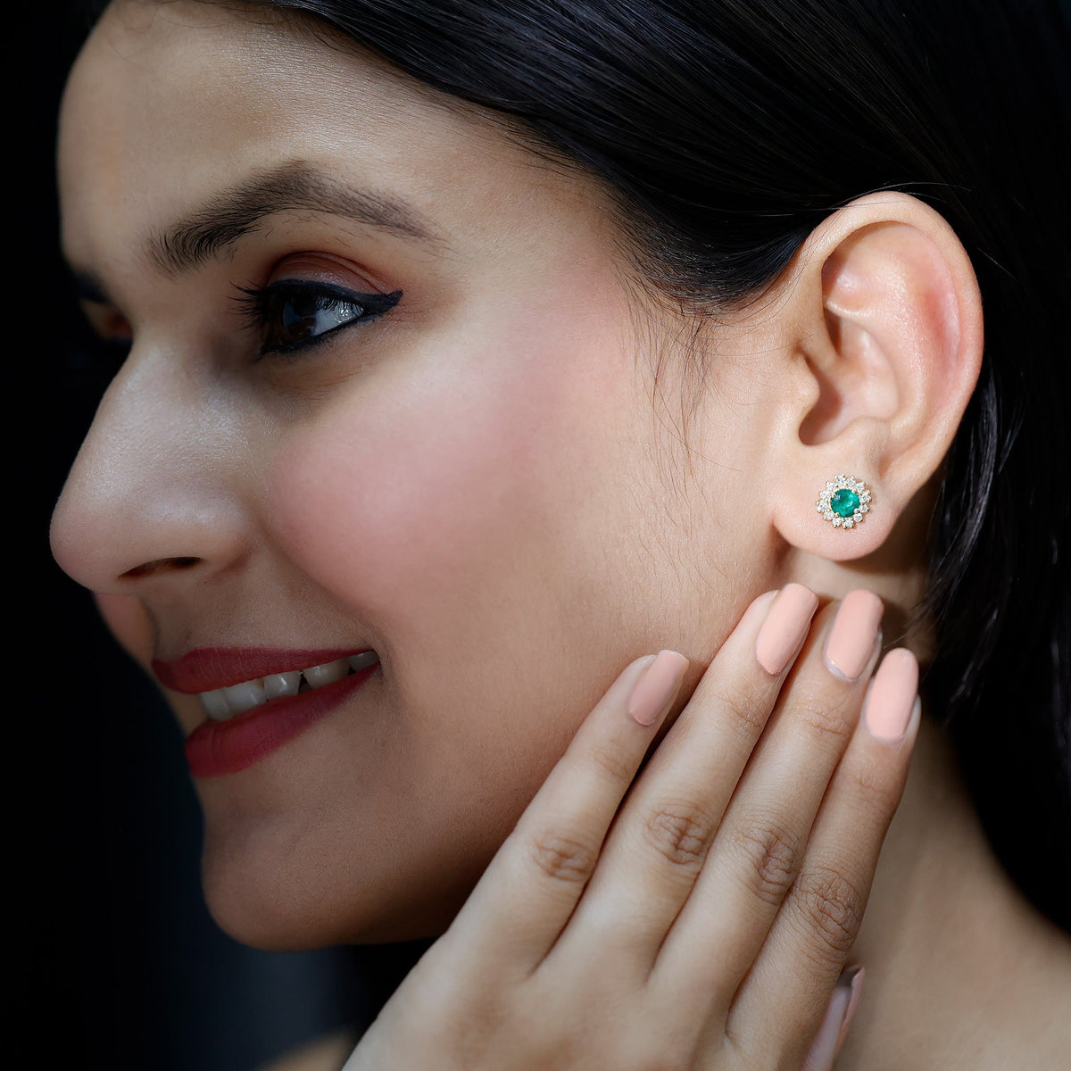 Emerald Stud Earrings – Classic 5MM Round Emerald Studs with Diamond Halo Design