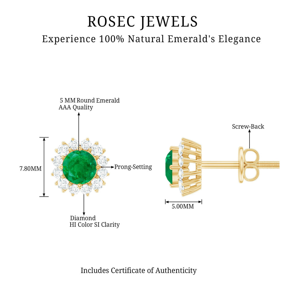 Emerald Stud Earrings – Classic 5MM Round Emerald Studs with Diamond Halo Design