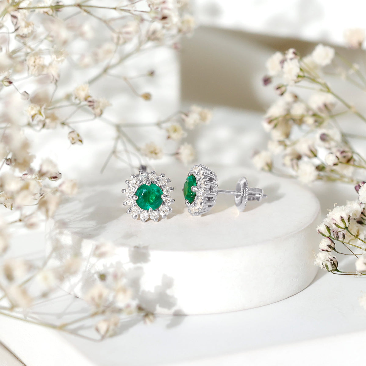 Emerald Stud Earrings – Classic 5MM Round Emerald Studs with Diamond Halo Design