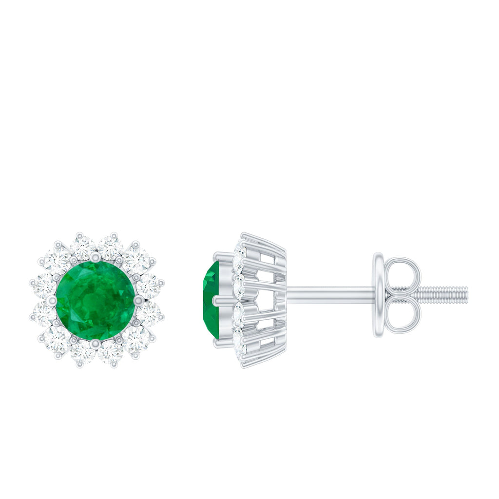 Emerald Stud Earrings – Classic 5MM Round Emerald Studs with Diamond Halo Design