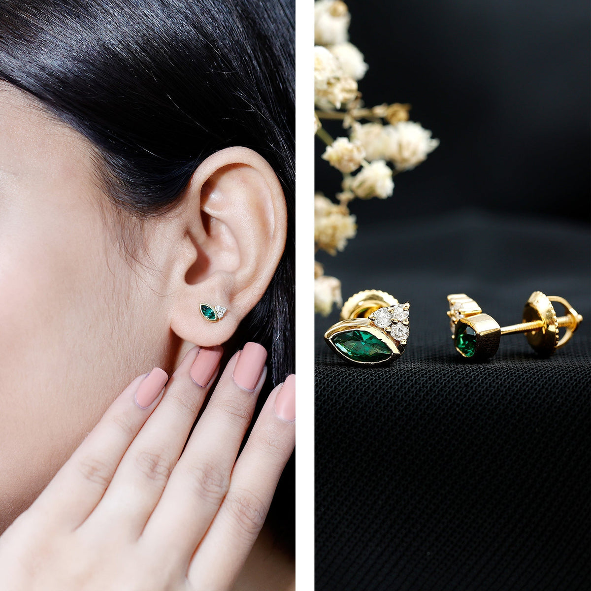 Emerald Stud Earrings - Marquise Lab Grown Emerald Studs with Diamond Trio in Yellow Gold