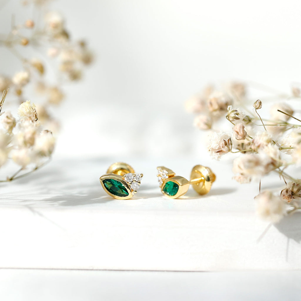 Emerald Stud Earrings - Marquise Lab Grown Emerald Studs with Diamond Trio in Yellow Gold