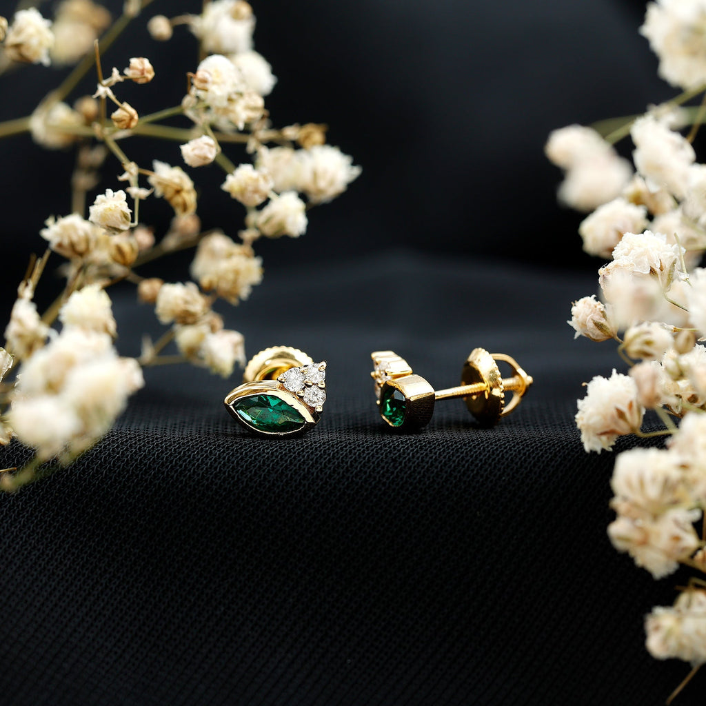 Emerald Stud Earrings - Marquise Lab Grown Emerald Studs with Diamond Trio in Yellow Gold
