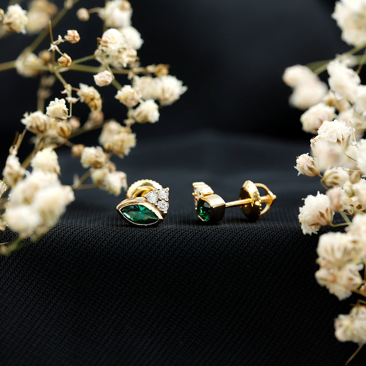 Emerald Stud Earrings - Marquise Lab Grown Emerald Studs with Diamond Trio in Yellow Gold