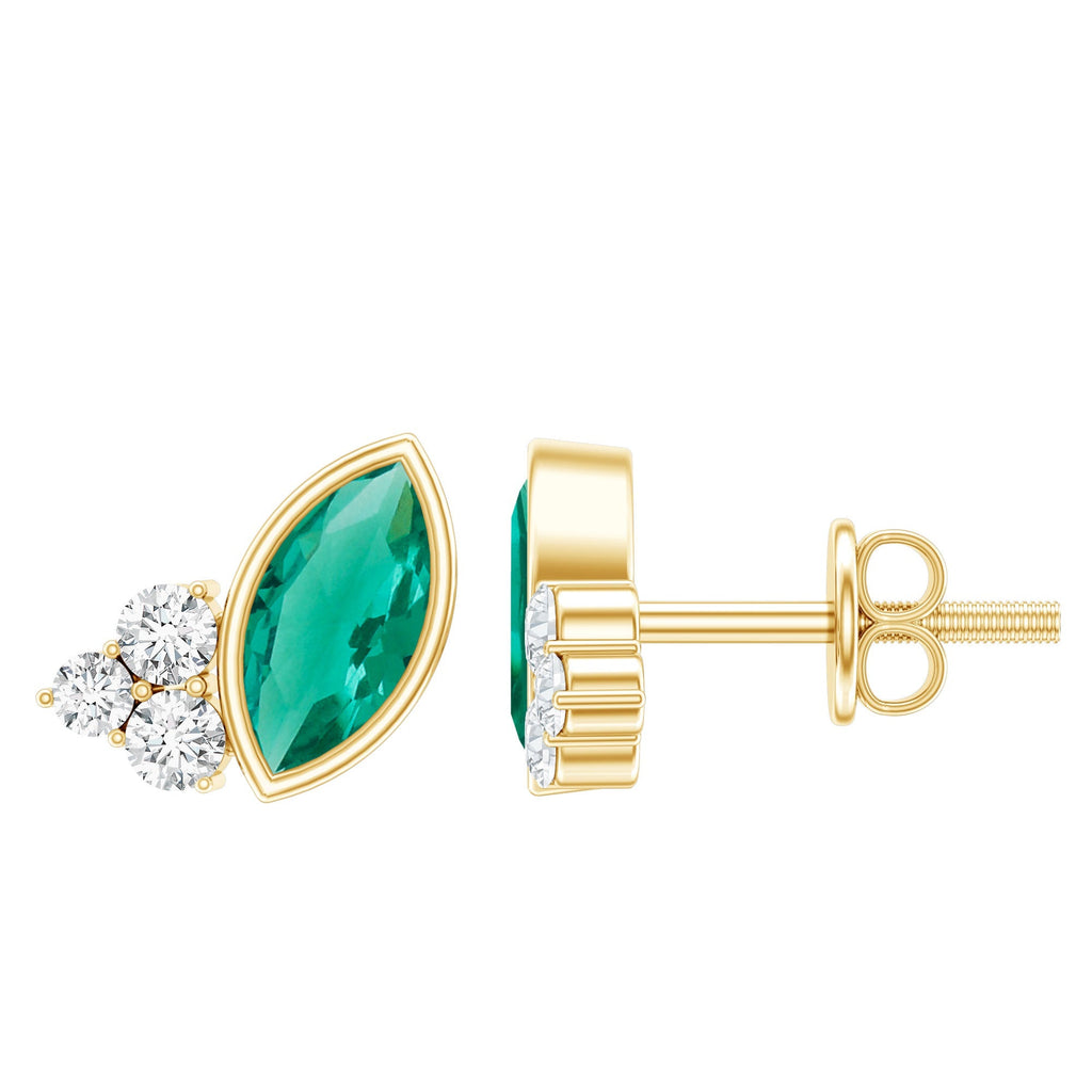 Emerald Stud Earrings - Marquise Lab Grown Emerald Studs with Diamond Trio in Yellow Gold