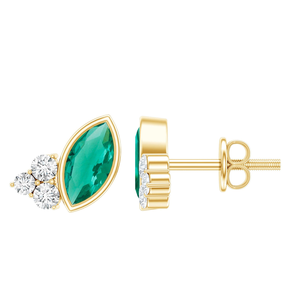 Emerald Stud Earrings - Marquise Lab Grown Emerald Studs with Diamond Trio in Yellow Gold