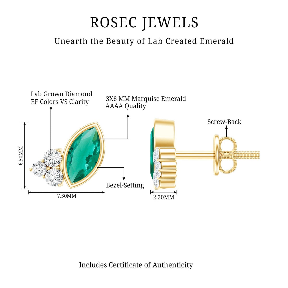Emerald Stud Earrings - Marquise Lab Grown Emerald Studs with Diamond Trio in Yellow Gold