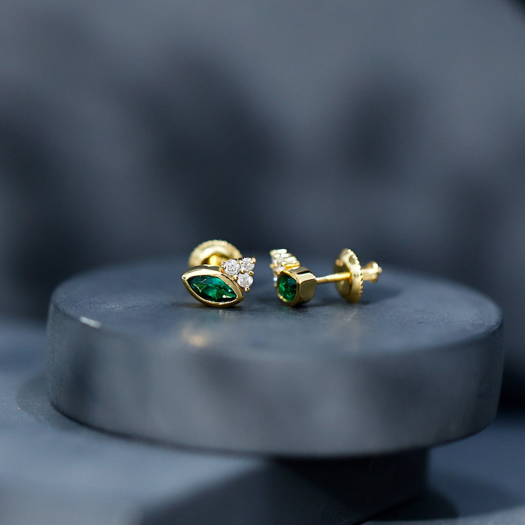 Emerald Stud Earrings - Marquise Lab Grown Emerald Studs with Diamond Trio in Yellow Gold
