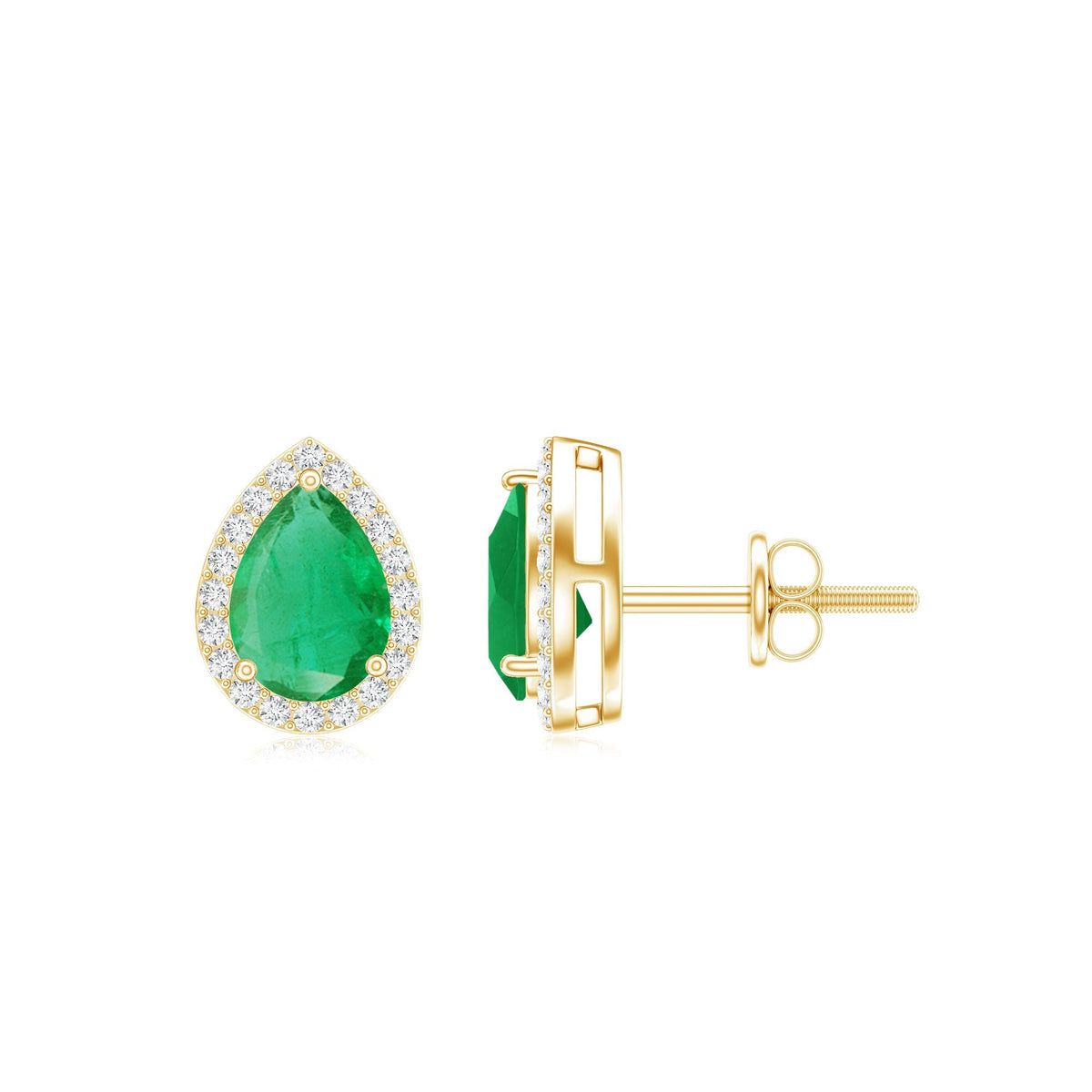 Emerald Stud Earrings – Pear Shape Diamond Halo Studs | Natural Green Gemstone Jewelry