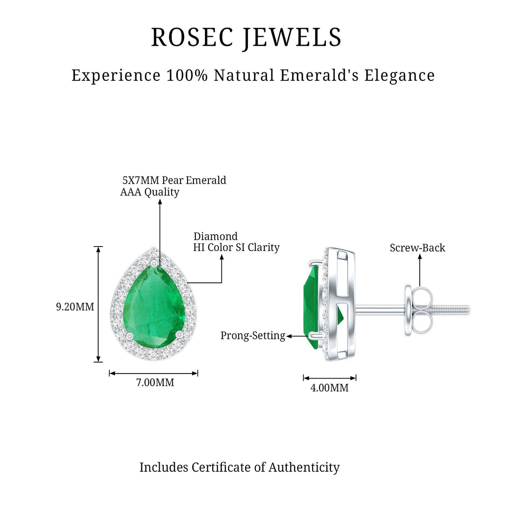 Emerald Stud Earrings – Pear Shape Diamond Halo Studs | Natural Green Gemstone Jewelry