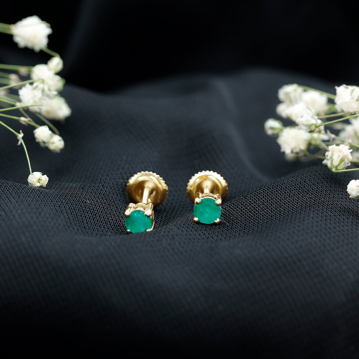 Emerald Stud Earrings - Round Cut 5 MM AAA Quality Solitaire Prong Setting