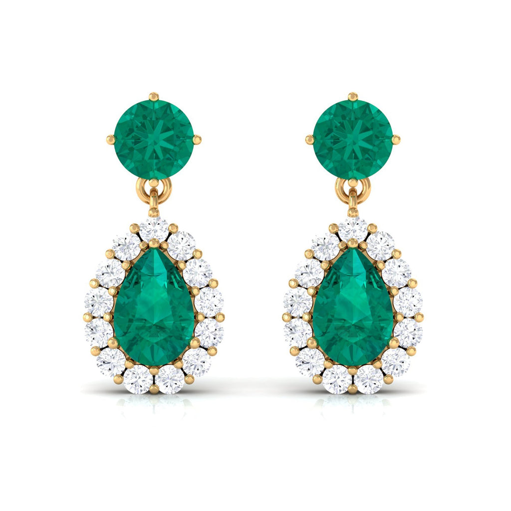 Emerald Teardrop Earrings – Pear Shape Emerald with Diamond Halo | Secure Screw Back