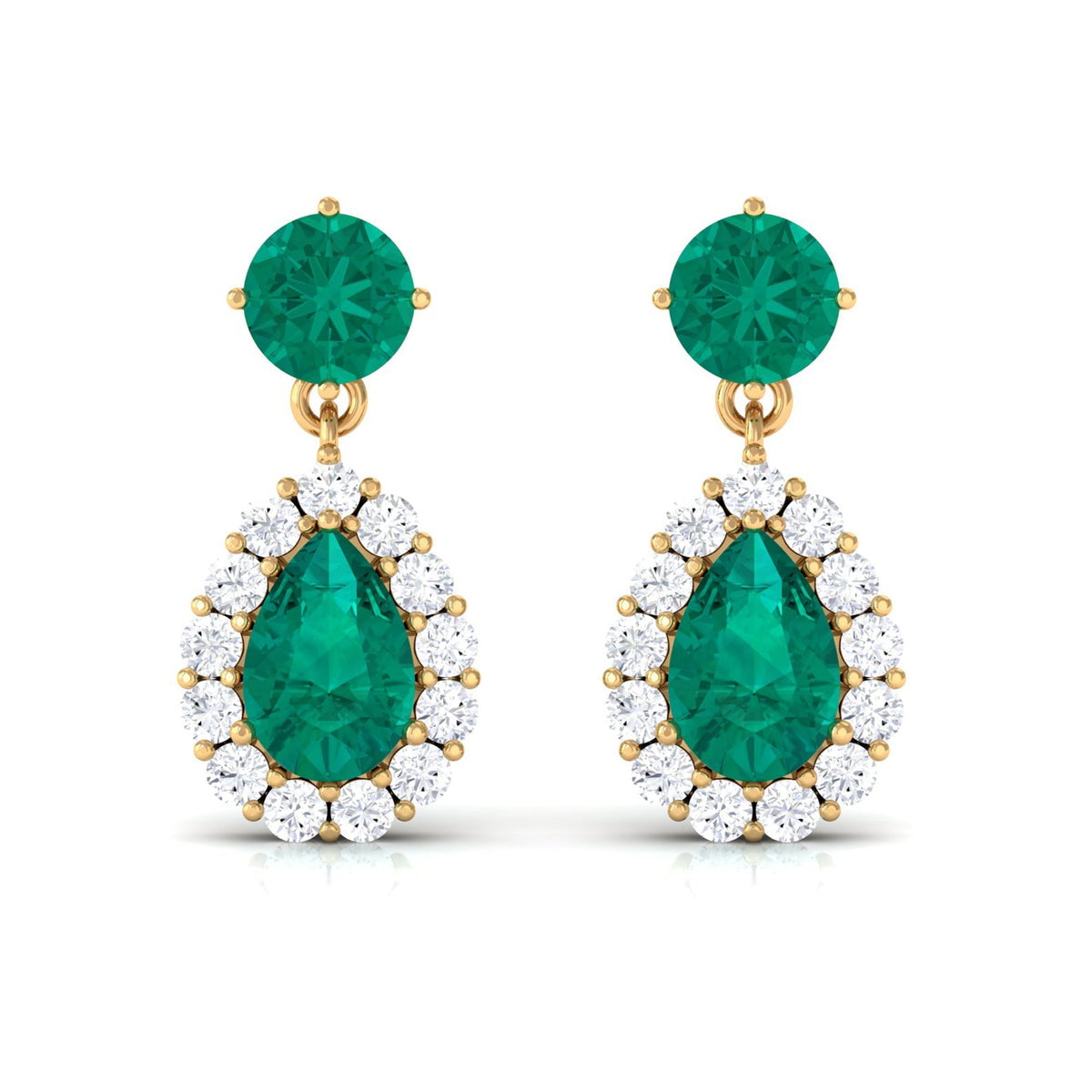 Emerald Teardrop Earrings – Pear Shape Emerald with Diamond Halo | Secure Screw Back